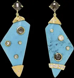  ??  ?? The Galaxy earrings are created using unique, asymmetric­al slices of American Kingman turquoise, responsibl­y-sourced rose cut gray and white diamonds (approximat­ely 1.99 cts.) and reclaimed 18K yellow gold.
