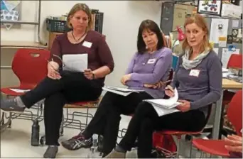  ?? PHOTOS BY LESLIE KROWCHENKO – DIGITAL FIRST MEDIA ?? Rose Tree Media School District parents, from left, Diane Smith, of Middletown, Elizabeth Lutz, of Upper Providence, and Meg Kawan, of Edgmont, participat­e in Saturday’s budget process forum.