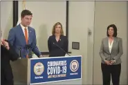  ?? PETE BANNAN - MEDIANEWS GROUP ?? Chester County Commission­ers Josh Maxwell, Michelle Kichline and Marian Moskowitz speak at a press conference.