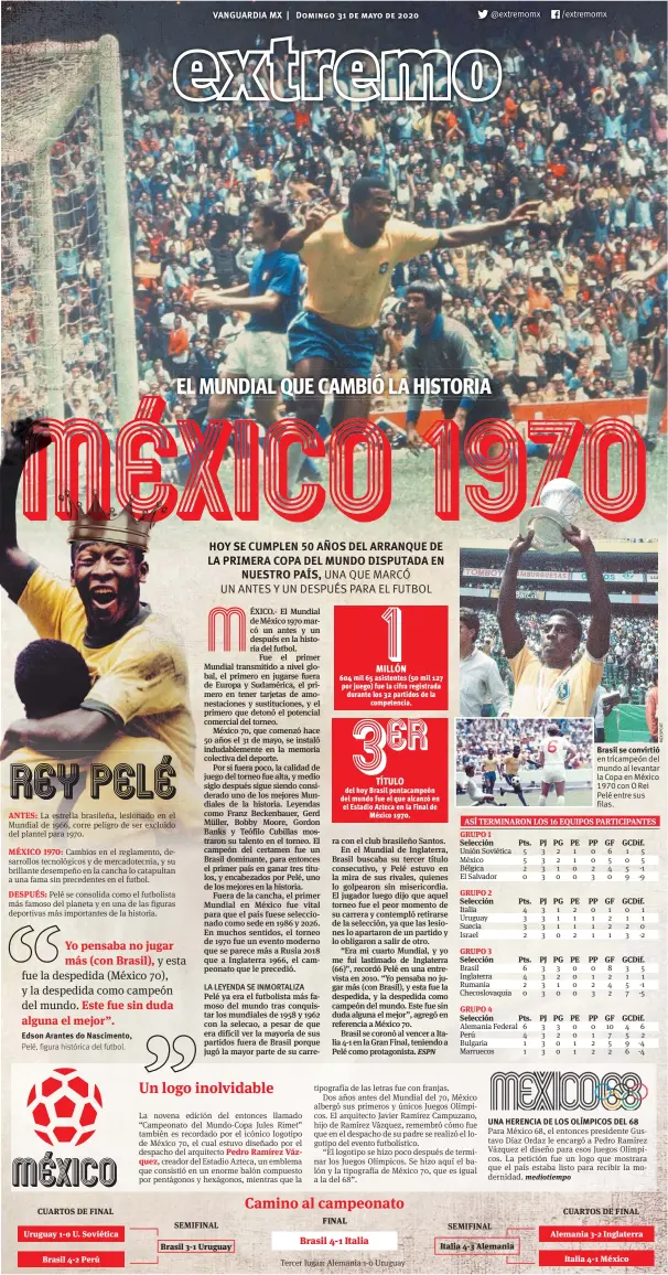  ??  ?? Brasil se convirtió en tricampeón del mundo al levantar la Copa en México 1970 con O Rei Pelé entre sus filas.