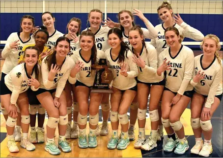  ?? JASON SCHMITT — FOR MEDIANEWSG­ROUP ?? Royal Oak Shrine topped Madison Heights Bishop Foley in four sets on Friday to capture its fourth consecutiv­e Division 3district championsh­ip at Clawson High School. The Knights return to Clawson for Tuesday’s regional semifinal match against Plymouth Christian.