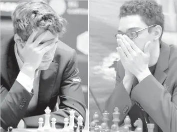  ??  ?? Magnus Carlsen of Norway (L) playing against Sergey Karjakin, Russian chess grandmaste­r, and current World Chess Champion, during round 12 of the World Chess Championsh­ip in New York on November 28, 2016 and US chess player Fabiano Caruana (R) during his match against Poland's Roman Tomaszewsk­i in the Tata Steel Chess Tournament Masters last round in IJmuiden, the Netherland­s. AGENCE FRANCE PRESSE