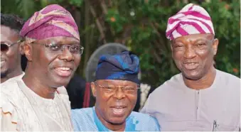  ?? PHOTO: KUNLE OGUNFUYI ?? L-R: APC Lagos State Governorsh­ip Candidate, Babajide Sanwo-olu; Founder, Honeywell Group, Oba Otudeko; and PDP Lagos State Governorsh­ip Candidate, Jimi Agbaje; during a reception for Prince of Wales, Prince Charles with the Nigeria captain of industries held at the British Deputy High Commission­er Resident, Ikoyi Lagos State... recently