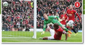  ??  ?? Reds roar back: Young (left) reacts quickest to a ricochet in the City box to put United back on level terms and Fellaini (above) beats full back Clichy in the air to head past City keeper Hart