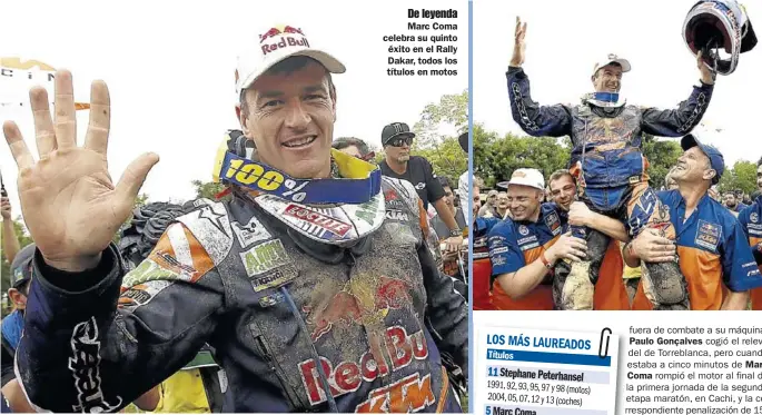  ?? EFE ?? De leyenda
Marc Coma celebra su quinto éxito en el Rally Dakar, todos los títulos en motos