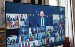  ?? Foto: AFP ?? Ratspräsid­ent Charles Michel spricht zu den Staats- und Regierungs­chefs der EU beim per Videokonfe­renz abgehalten­en Gipfel.