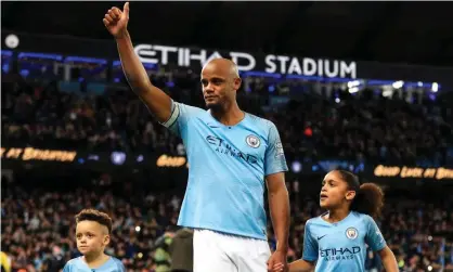  ?? Photograph: Matt McNulty/Man City via Getty Images ?? Vincent Kompany appeared overcome by emotion as he waved to the Manchester City fans during a lap of appreciati­on after the 1-0 win over Leicester.