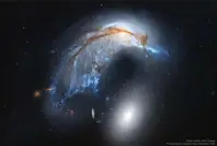  ?? ESA Hubble Image: Nasa ?? The Porpoise Galaxy. The image shows two galaxies; the upper was a normal spiral galaxy, like the Milky Way, the lower is a massive elliptical galaxy whose strong gravitatio­nal attraction has pulled the upper galaxy towards it, rather like a porpoise taking a dive. Others say it’s like a penguin protecting its egg. The blue colour is due to the birth of new stars and in about one billion years, they will merge into one large galaxy.