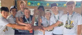  ?? CONTRIBUTE­D ?? The American Heritage-Delray boys tennis team celebrates its 2023 FHSAA state championsh­ip on April 29. The Stallions did not drop a set in districts, regionals or state tournament play. The Stallions’ 2024 team will try to replace key contributo­rs lost to graduation.