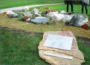  ??  ?? «En stein for å minnes». Steinene er hentet fra hjemsteden­e til de døde tvangsevak­uerte på Stavne.
