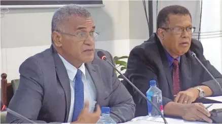  ?? Photo: Parliament of Fiji ?? From left: Fiji National Provident Fund chief executive officer Jaoji Koroi and general manager for member services Alipate Waqairawai during the submission on March 28, 2018.