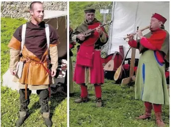  ??  ?? Les musiciens et chanteurs du groupe Celestiaes ont présenté divers instrument­s en usage à l’époque médiévale. À gauche, l’un des participan­ts en vêtements et tunique en cuir, lin et laine de style Birka (l’une des premières villes de Suède).