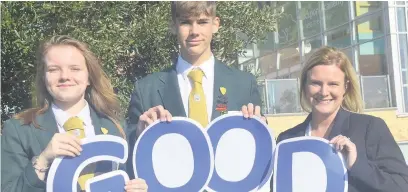  ??  ?? ●●Stockport Academy principal Janine McCann (right) celebratin­g the school’s Ofsted result with head boy Alfie Jack Lutley and head girl Georgia Beaumont