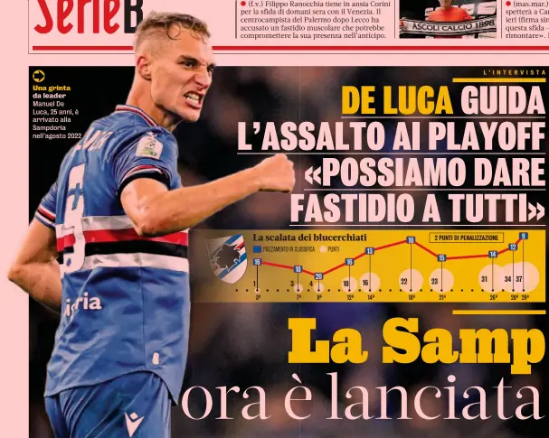  ?? ?? Una grinta da leader
Manuel De Luca, 25 anni, è arrivato alla Sampdoria nell’agosto 2022
