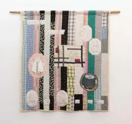  ??  ?? Nancy Atakan, Challengin­g Cliché 3 (Quilt with Wedding Vows), 2019. American patchwork quilt, pictorial patches,cloth, lace fake jewels and needlework