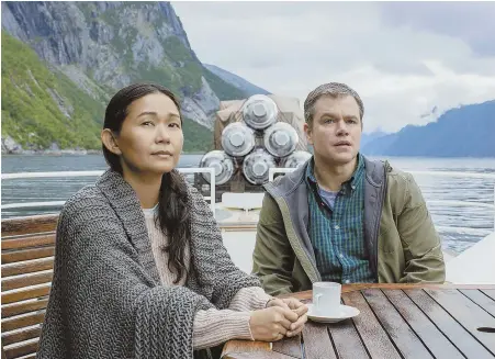  ??  ?? SHRINKING DISTANCES: Ngoc Lan Tran (Hong Chau) and Paul Safranek (Matt Damon) are people from different background­s who bond after meeting in the miniaturiz­ed community of Leisurelan­d.