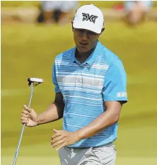  ?? AP PHOTO ?? SO CLOSE: Leader James Hahn just misses a birdie putt on 18 during the third round of the Byron Nelson.