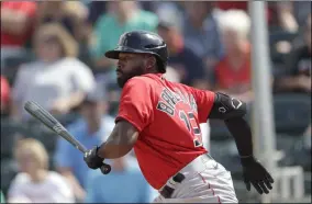  ?? JOHN BAZEMORE - THE ASSOCIATED PRESS ?? Boston Red Sox’ Jackie Bradley Jr. runs to first base after hitting a single in the third inning of a spring training baseball game against the Minnesota Twins Monday, Feb. 24, 2020, in Fort Myers, Fla.