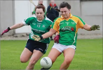  ??  ?? Rianna Cullen of Crossabeg-Ballymurn and Róisín Fitzgerald (Clonee) clash for possession.