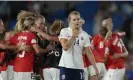  ?? Photograph: Alessandra Tarantino/AP ?? Norway’s Ada Hegerberg reacts at the final whistle as Austria players celebrate.