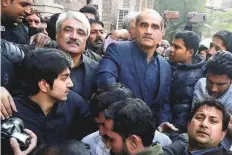  ?? AP ?? Senior politician­s from ex-prime minister Nawaz Sharif’s party Khawaja Saad Rafique, in blue coat, and his brother Khawaja Salman Rafique, second left, leave a court in Lahore.