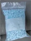  ?? LOANED PHOTO/YUMA COUNTY SHERIFF’S OFFICE ?? THE YUMA COUNTY SHERIFF’S OFFICE had its first significan­t seizure of the fake oxycodone pills in December 2017 when a large plastic bag filled with 500 light blue tablets with the imprint of “M 30” was seized at the Interstate 8 immigratio­n checkpoint.