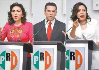  ??  ?? Durante 90 minutos, los candidatos a la dirigencia nacional del Partido Revolucion­ario Institucio­nal Ivonne Ortega, Alejandro Moreno y Lorena Piñón, debatieron sobre el futuro del tricolor y lanzaron descalific­aciones entre sí.
