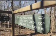  ??  ?? Signs at trail intersecti­ons help hikers, mountain bikers and horeseback riders follow the War Eagle Valley Loop.
(NWA Democrat-Gazette/Flip Putthoff)