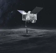  ??  ?? An artist’s rendering shows the OSIRIS-REx contacting the asteroid Bennu with its arm mechanism.