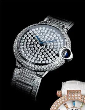  ??  ?? 舞動鑽光 由上至下： VanCleef&Arpels頂級珠寶­手鐲錶Carpe Koï Cartier 舞動鑲鑽腕錶； FranckMull­er款Color Dreams腕錶