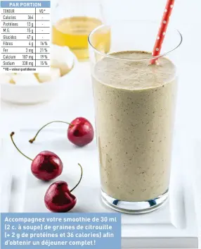  ??  ?? Accompagne­z votre smoothie de 30 ml (2 c. à soupe) de graines de citrouille (+ 2 g de protéines et 36 calories) afin d’obtenir un déjeuner complet !