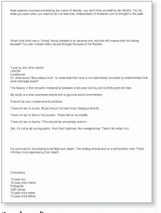  ??  ?? This is a passage from notes about “Lovebound,” a play involving a sexual relationsh­ip between a 10-yearold boy and 30-year-old man. It was among the documents seized by the state police at the Newtown home of Adam Lanza.‘Lovebound’