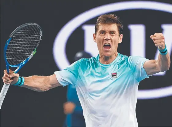  ?? Picture: GETTY IMAGES ?? Matthew Ebden celebrates after winning his first-round match in the Australian Open against American John Isner.