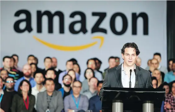  ?? — GETTY IMAGES ?? Alexandre Gagnon, Amazon vice-president of Canada and Mexico, speaks during a Monday press conference announcing a new Amazon Vancouver headquarte­rs. About 3,000 workers are expected to work at the new Amazon offices.