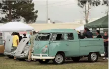  ??  ?? Left: We were impressed with this VW Crew Cab, equipped with a 356/912 engine
Below left: Intermecca­nica (Canada) builds some very accurate Convertibl­e D replicas – this one belongs to Shin Watanabe
Below: Swap meet vendor had several restored triplethro­at Webers for sale, including pairs from 1966
Bottom left: Matt Clawson braved the rain in his ’52 Prea, featured in issue #70