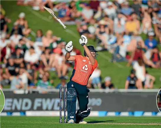  ?? GETTY IMAGES/PHOTOSPORT ?? England century-maker David Malan threw everything at the Black Caps bowling lineup in Napier last night including, seemingly, his bat.
ENGLAND
T Banton lbw b Santner ................................. 31 J Bairstow c Mitchell b Santner .................. 8 D Malan not out .............................................. 103 E Morgan c Mitchell b Southee .................. 91 S Billings not out ................................................. 0 Extras (3lb, 2nb, 3w) .......................................... 8 Total (for 3 wkts, 20 overs) ....................... 241 Fall: 16 (Bairstow), 58 (Banton), 240 (Morgan).
Bowling: T Boult 4-0-35-0, T Southee 4-0-47-1, M Santner 4-0-32-2 (2w, 1nb), B Tickner 4-0-50-0 (1nb), I Sodhi 3-0-49-0, D Mitchell 1-0-25-0 (1w).
Result: