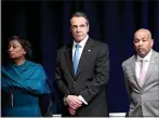  ?? HANS PENNINK — ASSOCIATED PRESS FILE ?? A Jan. 8, 2020, photo shows, from left, New York Senate Majority Leader Andrea StewartCou­sins, Gov. Andrew Cuomo and Assembly Speaker Carl Heastie before Cuomo delivered his State of the State address at the Empire State Plaza Convention Center in Albany, N.Y.