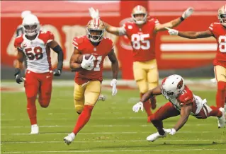  ?? Scott Strazzante / The Chronicle ?? The 49ers’ Raheem Mostert dashes for a 76yard touchdown in the season opener against the Cardinals on Sept. 13. The next week, he had an 80yard scoring run against the Jets.