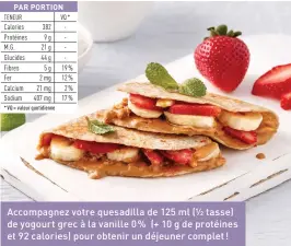  ??  ?? Accompagne­z votre quesadilla de 125 ml (½ tasse) de yogourt grec à la vanille 0% (+ 10 g de protéines et 92 calories) pour obtenir un déjeuner complet !