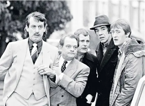  ??  ?? Challis, left, in Only Fools and Horses with, from left, David Jason, Kenneth Macdonald, Richard Lloyd Pack and Nicholas Lyndhurst; inset below with actress Sue Holderness in 2019