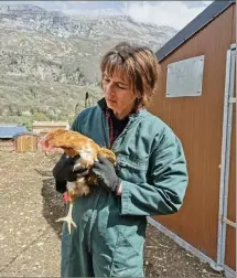  ?? (Photos S.C.) ?? La cheffe d’exploitati­on Claire Schiavi ici avec une de ses poules pondeuses qui composent ses cinq poulailler­s.