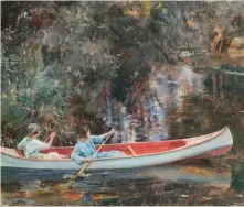  ??  ?? The White Canoe on the Stour at Flatford features Munnings’ wife and friend; Gainsborou­gh’s Mr and Mrs Andrews, sitting in their estate, illustrate­s the wealth of the countrysid­e.