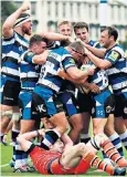  ??  ?? Memories: Bath players celebrate Peter Stringer’s try against Leicester in 2014