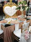  ??  ?? Rose-gold, whether on a table setting by The Heights Villa, invitation­s or wedding bands, is an “it” color for 2018.