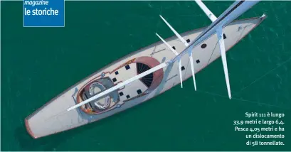  ??  ?? Spirit 111 è lungo 33,9 metri e largo 6,4. Pesca 4,05 metri e ha un dislocamen­to di 58 tonnellate.