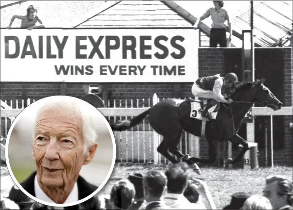  ??  ?? Hot favourite... Lester Piggott riding to victory at Epsom on the great race horse Nijinksy. The 84- year- old, inset, is selling off his collection of memorabili­a