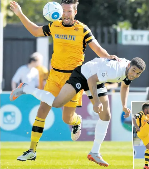  ?? Pictures: Steve Terrell ?? Maidstone defender Jamie Coyle wins the ball during his first appearance of the season on Monday while, right, Reece Hall-Johnson made his full Stones debut at Boreham Wood