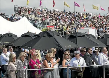  ?? PHOTOS: JOSEPH JOHSON/STUFF ?? Fans pack Addington Raceway’s grandstand and Lindauer Lawn to watch the racing yesterday.