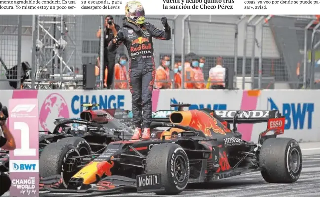  ?? // REUTERS ?? Max Verstappen celebra el triunfo en Austria subiéndose en su monoplaza