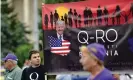  ??  ?? Romanian supporters of QAnon take part in a rally against the government’s measures to prevent the spread of Covid-19 infections in Bucharest, Romania. Photograph: Andreea Alexandru/AP